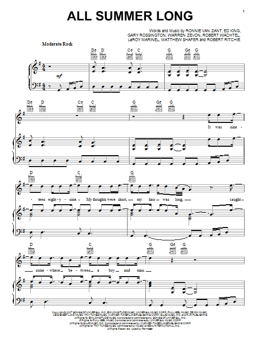 Kid Rock All Summer Long sheet music notes and chords arranged for Drum Chart