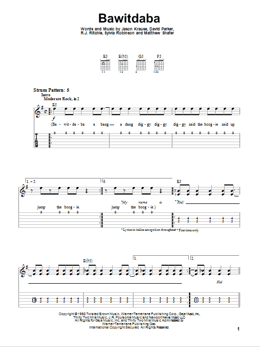 Kid Rock Bawitdaba sheet music notes and chords. Download Printable PDF.