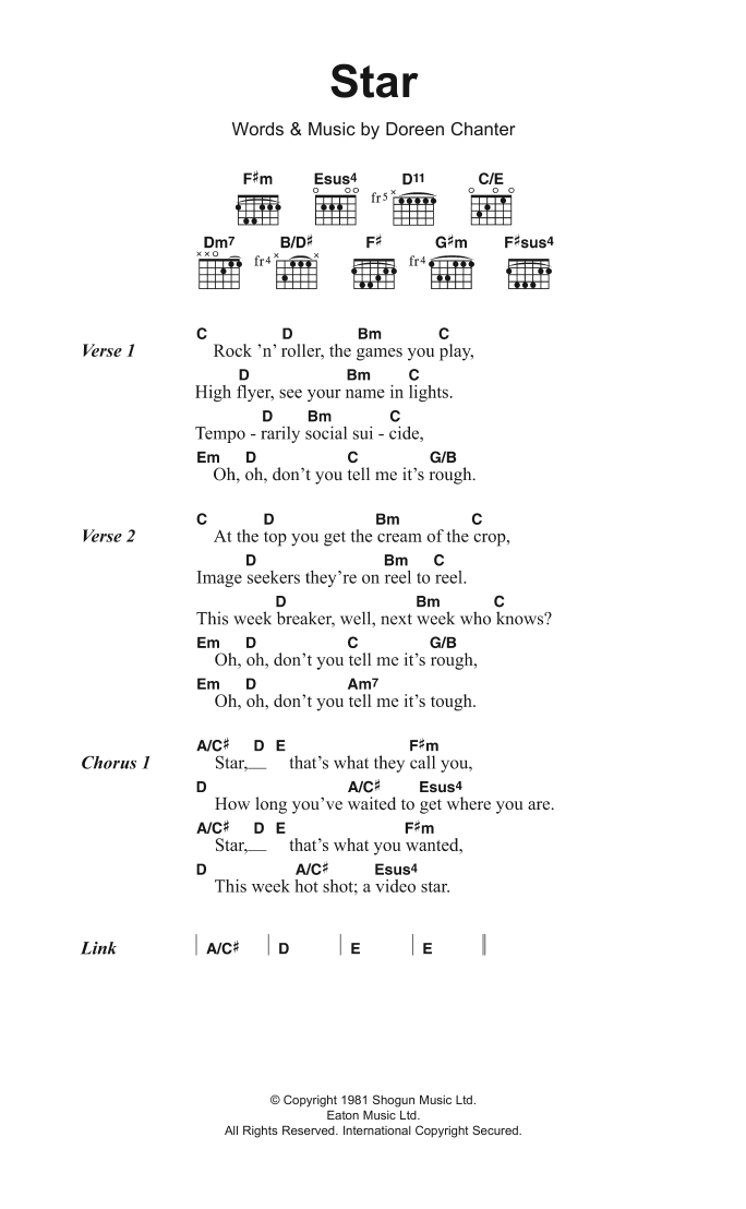 Learn to play Kiki Dee Star sheet music for Guitar Chords/Lyrics in minutes. Price: 4.4900$ Kiki Dee Star sheet music notes and chords arranged for Guitar Chords/Lyrics