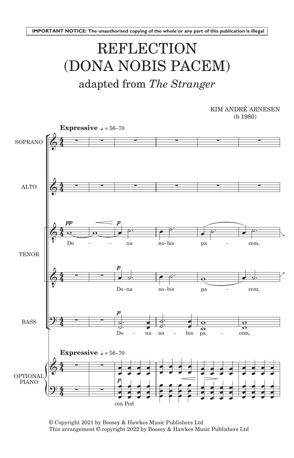 Learn to play Kim André Arnesen Reflection (Dona Nobis Pacem) (Adapted from The Stranger) sheet music for Choir in minutes. Price: 3.9900$ Kim André Arnesen Reflection (Dona Nobis Pacem) (Adapted from The Stranger) sheet music notes and chords arranged for Choir