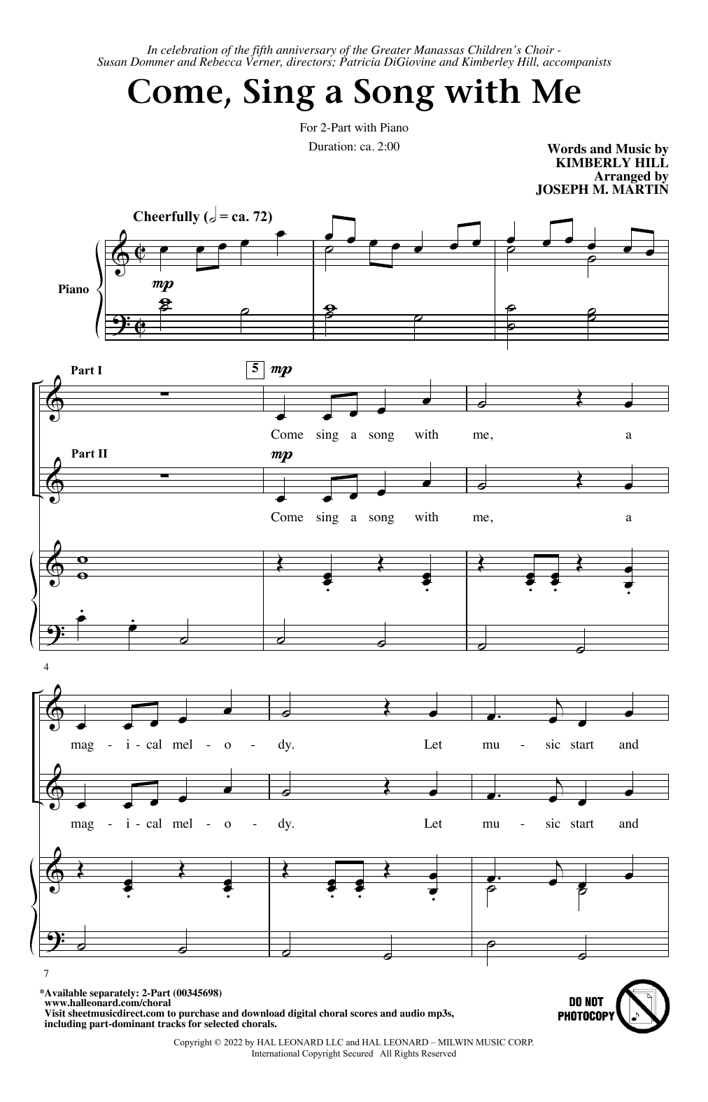 Learn to play Kimberly Hill Come, Sing A Song With Me (arr. Joseph M. Martin) sheet music for 2-Part Choir in minutes. Price: 3.9900$ Kimberly Hill Come, Sing A Song With Me (arr. Joseph M. Martin) sheet music notes and chords arranged for 2-Part Choir
