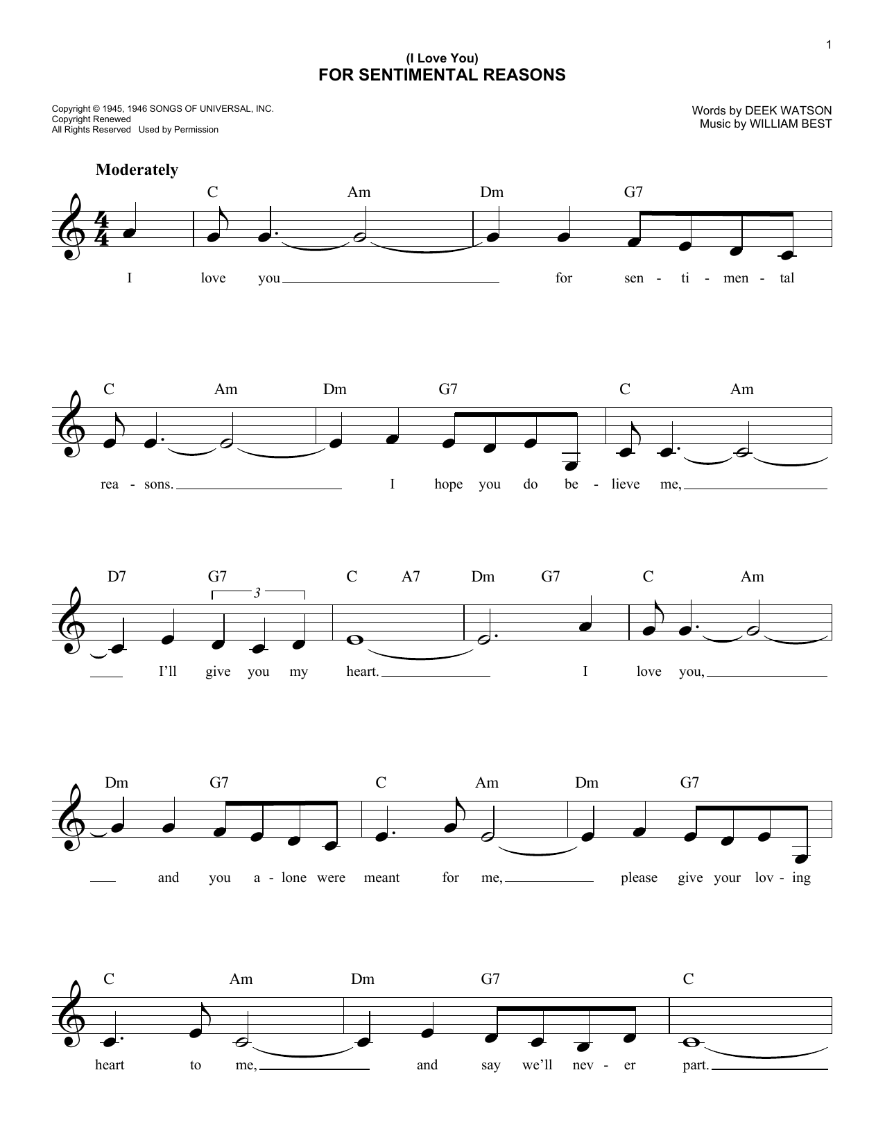 King Cole Trio (I Love You) For Sentimental Reasons sheet music notes and chords. Download Printable PDF.