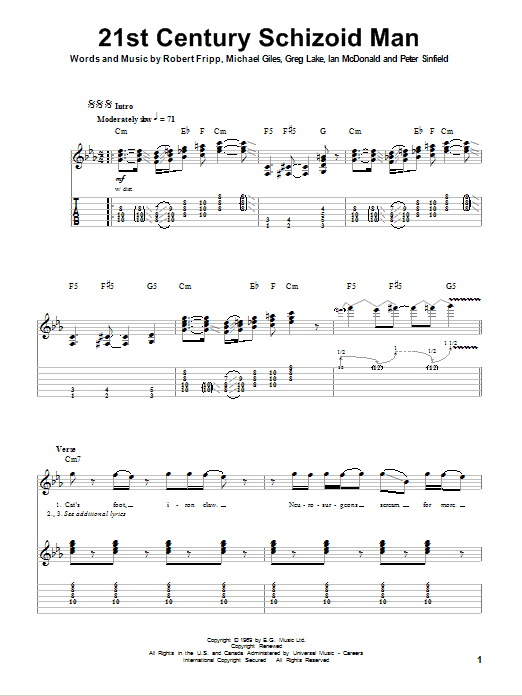 King Crimson 21st Century Schizoid Man sheet music notes and chords. Download Printable PDF.