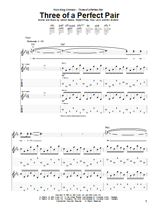 King Crimson Three Of A Perfect Pair sheet music notes and chords. Download Printable PDF.