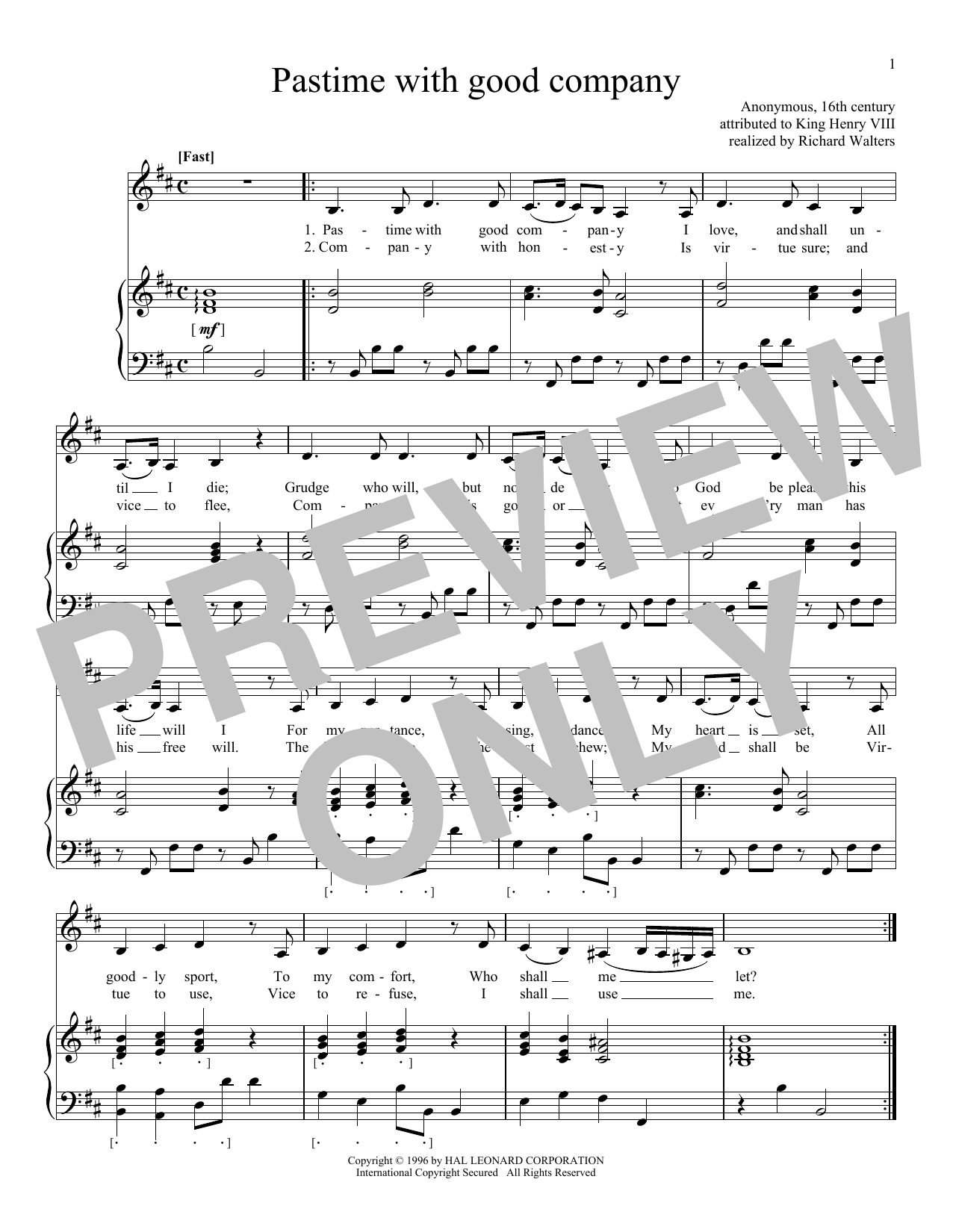 King Henry VIII Pastime With Good Company sheet music notes and chords. Download Printable PDF.