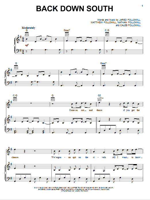 Kings Of Leon Back Down South sheet music notes and chords arranged for Piano, Vocal & Guitar Chords (Right-Hand Melody)
