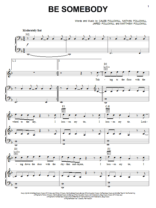 Kings Of Leon Be Somebody sheet music notes and chords arranged for Piano, Vocal & Guitar Chords (Right-Hand Melody)