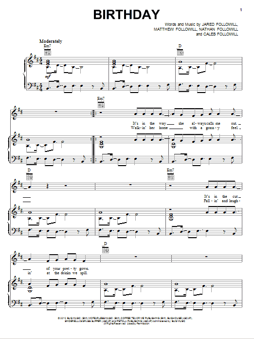 Learn to play Kings Of Leon Birthday sheet music for Piano, Vocal & Guitar Chords (Right-Hand Melody) in minutes. Price: 7.8900$ Kings Of Leon Birthday sheet music notes and chords arranged for Piano, Vocal & Guitar Chords (Right-Hand Melody)