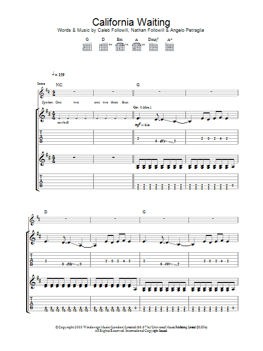 Learn to play Kings Of Leon California Waiting sheet music for Guitar Tab in minutes. Price: 7.8900$ Kings Of Leon California Waiting sheet music notes and chords arranged for Guitar Tab