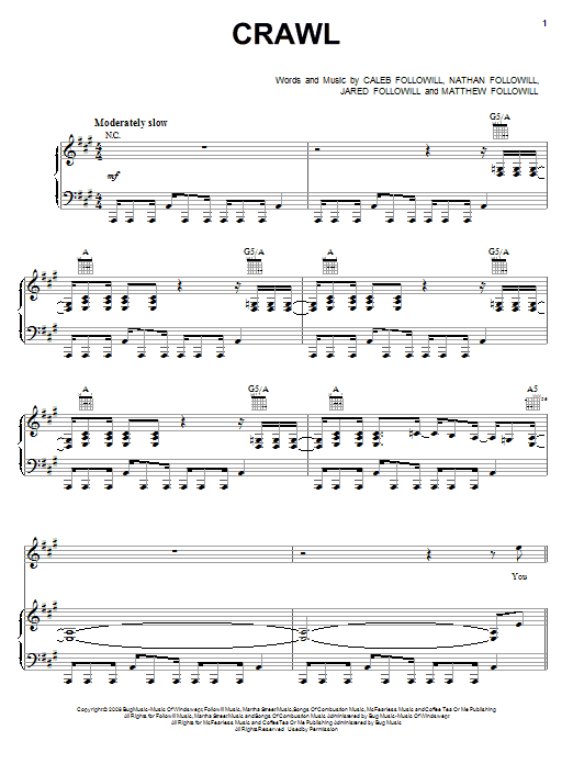 Learn to play Kings Of Leon Crawl sheet music for Piano, Vocal & Guitar Chords (Right-Hand Melody) in minutes. Price: 7.8900$ Kings Of Leon Crawl sheet music notes and chords arranged for Piano, Vocal & Guitar Chords (Right-Hand Melody)