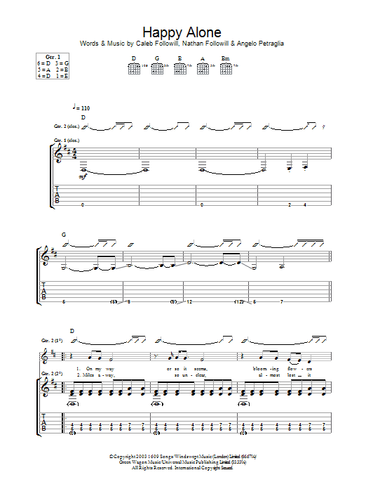 Learn to play Kings Of Leon Happy Alone sheet music for Guitar Tab in minutes. Price: 7.8900$ Kings Of Leon Happy Alone sheet music notes and chords arranged for Guitar Tab