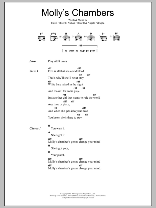 Kings Of Leon Molly's Chambers sheet music notes and chords. Download Printable PDF.