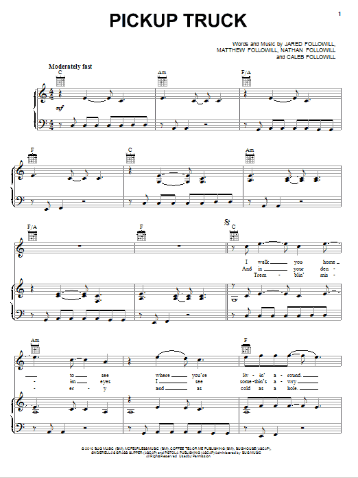 Learn to play Kings Of Leon Pickup Truck sheet music for Piano, Vocal & Guitar Chords (Right-Hand Melody) in minutes. Price: 7.8900$ Kings Of Leon Pickup Truck sheet music notes and chords arranged for Piano, Vocal & Guitar Chords (Right-Hand Melody)