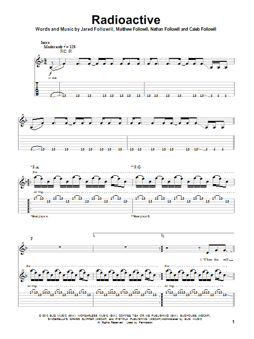 Kings Of Leon Radioactive sheet music notes and chords arranged for Guitar Tab (Single Guitar)