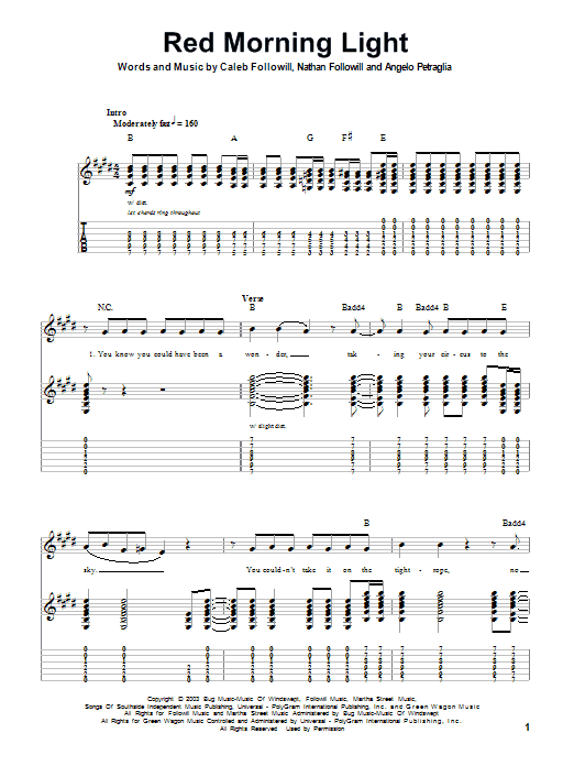 Kings Of Leon Red Morning Light sheet music notes and chords. Download Printable PDF.