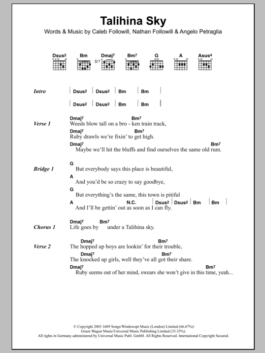 Learn to play Kings Of Leon Talihina Sky sheet music for Guitar Tab in minutes. Price: 7.8900$ Kings Of Leon Talihina Sky sheet music notes and chords arranged for Guitar Tab
