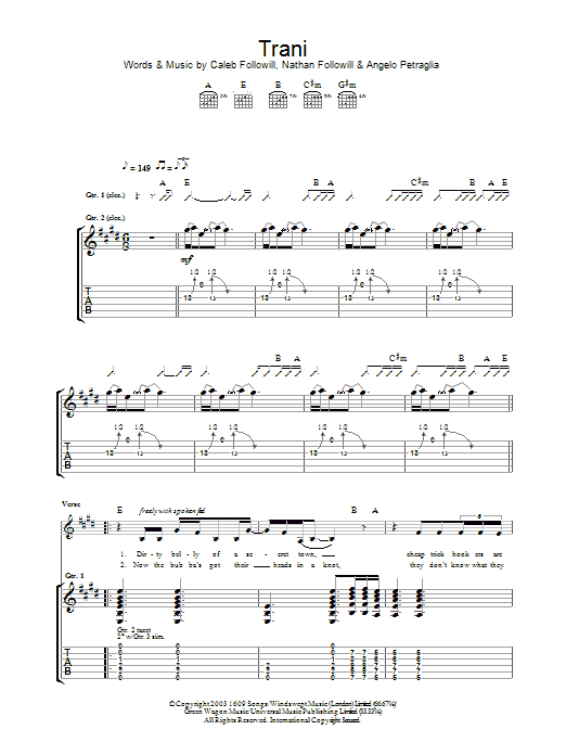 Learn to play Kings Of Leon Trani sheet music for Guitar Tab in minutes. Price: 7.8900$ Kings Of Leon Trani sheet music notes and chords arranged for Guitar Tab