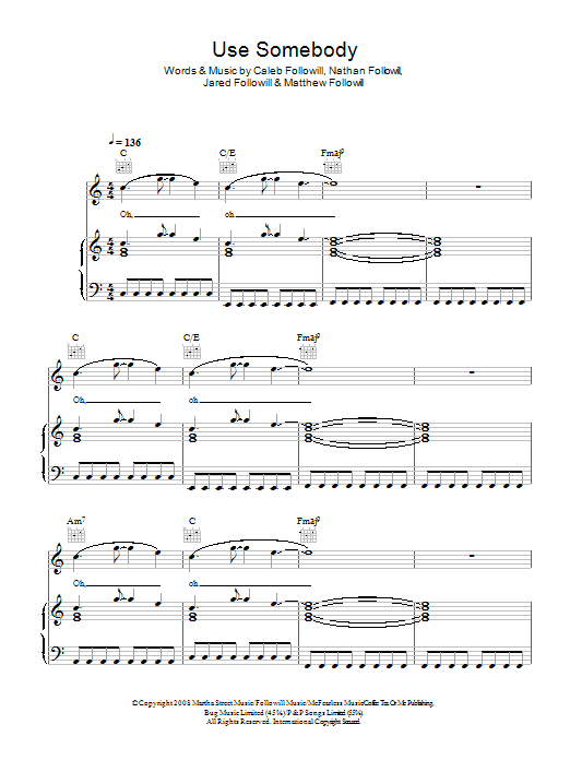 Kings Of Leon Use Somebody sheet music notes and chords. Download Printable PDF.