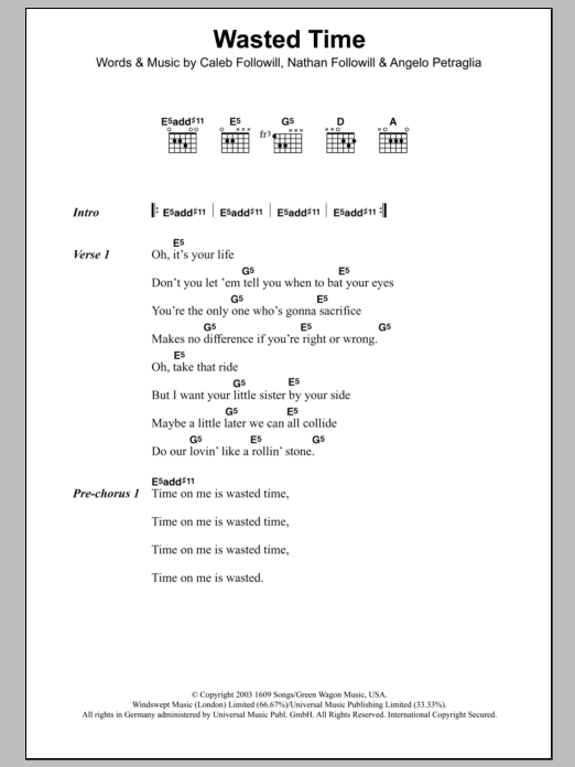 Learn to play Kings Of Leon Wasted Time sheet music for Guitar Tab in minutes. Price: 7.8900$ Kings Of Leon Wasted Time sheet music notes and chords arranged for Guitar Tab