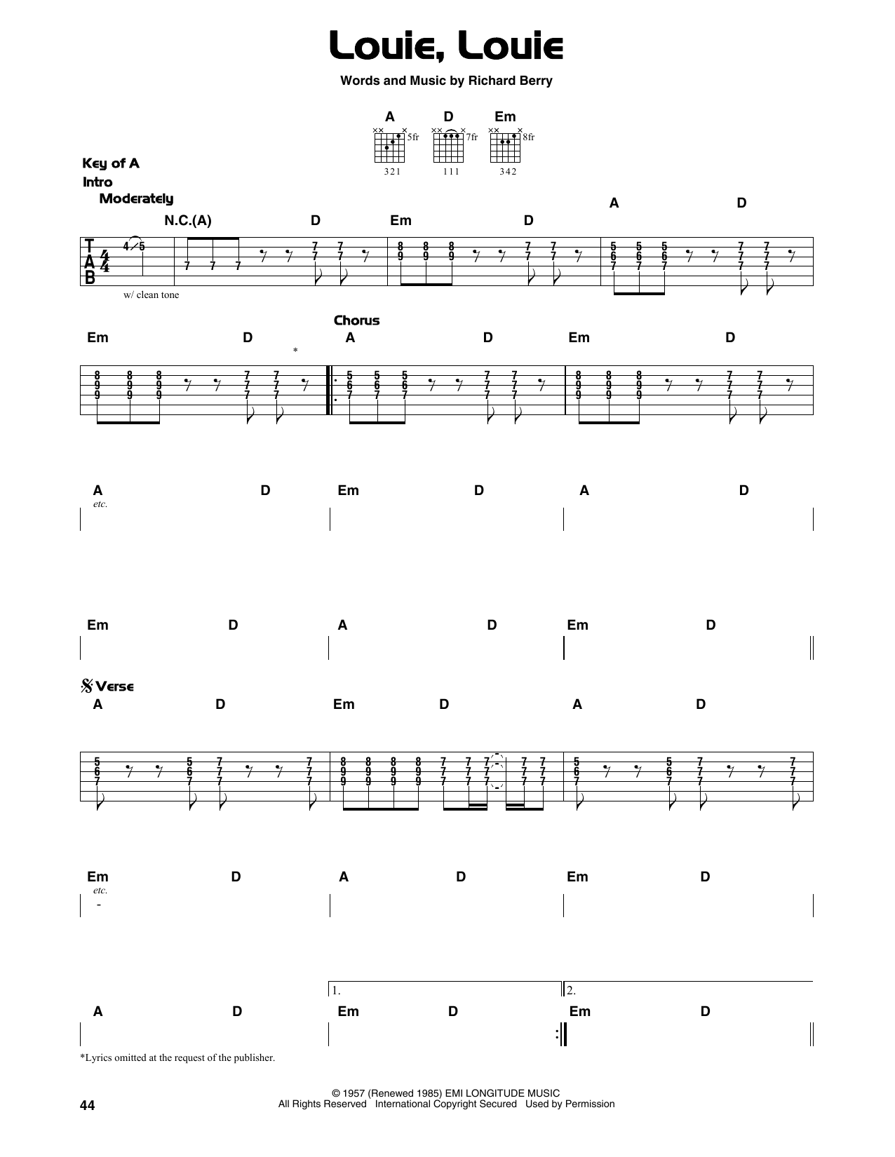 Kingsmen Louie, Louie sheet music notes and chords arranged for Trumpet Solo