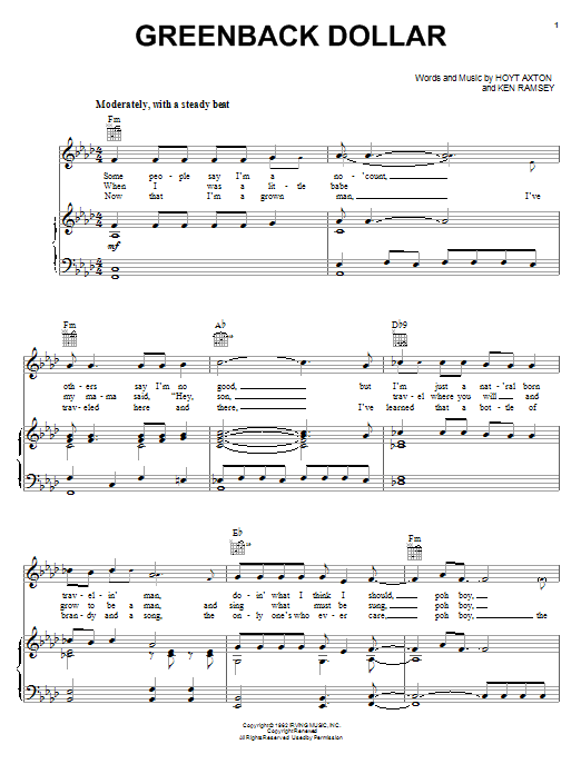 The Kingston Trio Greenback Dollar sheet music notes and chords arranged for Piano, Vocal & Guitar Chords (Right-Hand Melody)