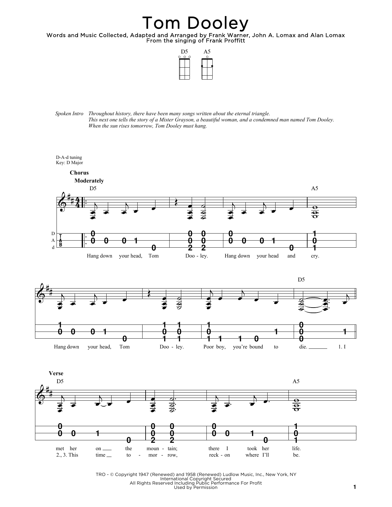 Kingston Trio Tom Dooley sheet music notes and chords. Download Printable PDF.