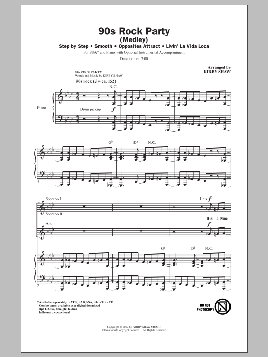 Learn to play Kirby Shaw 90's Rock Party (Medley) sheet music for SSA Choir in minutes. Price: 4.7900$ Kirby Shaw 90's Rock Party (Medley) sheet music notes and chords arranged for SSA Choir