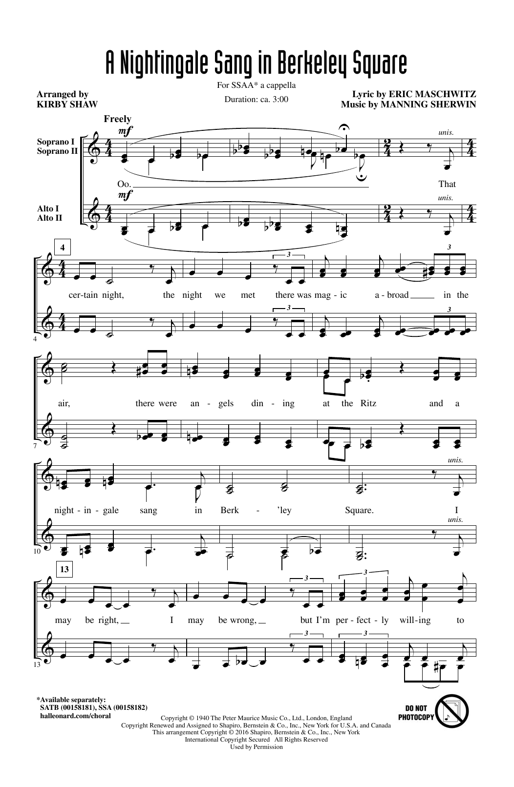 Kirby Shaw A Nightingale Sang In Berkeley Square sheet music notes and chords. Download Printable PDF.