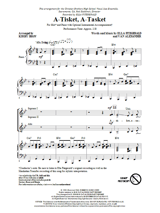 The Manhattan Transfer A-Tisket, A-Tasket (arr. Kirby Shaw) sheet music notes and chords. Download Printable PDF.