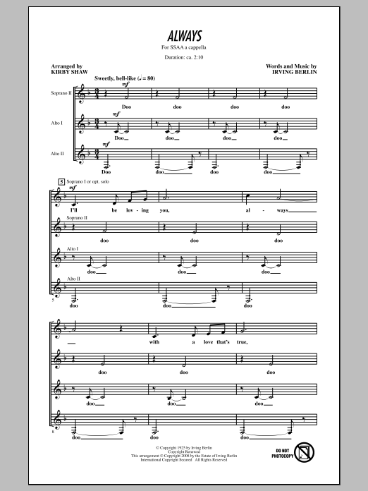 Kirby Shaw Always sheet music notes and chords. Download Printable PDF.