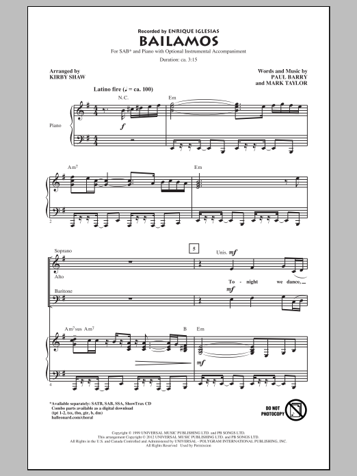 Enrique Iglesias Bailamos (arr. Kirby Shaw) sheet music notes and chords. Download Printable PDF.