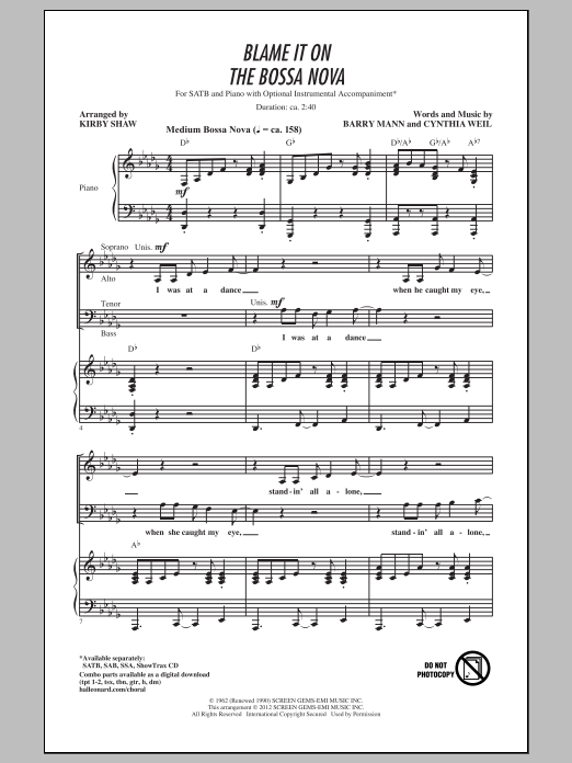 Eydie Gorme Blame It On The Bossa Nova (arr. Kirby Shaw) sheet music notes and chords. Download Printable PDF.