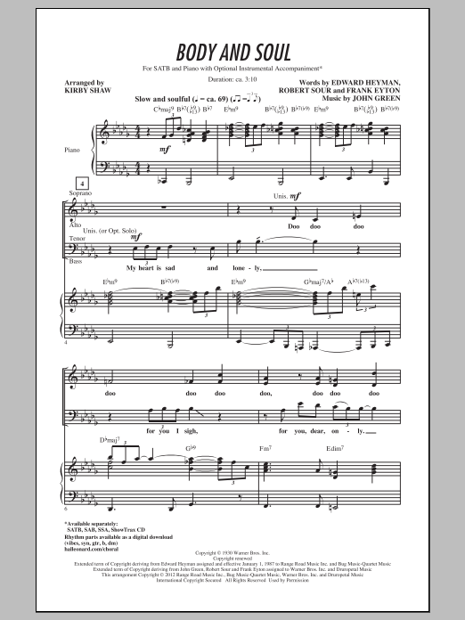 Tony Bennett Body And Soul (arr. Kirby Shaw) sheet music notes and chords. Download Printable PDF.