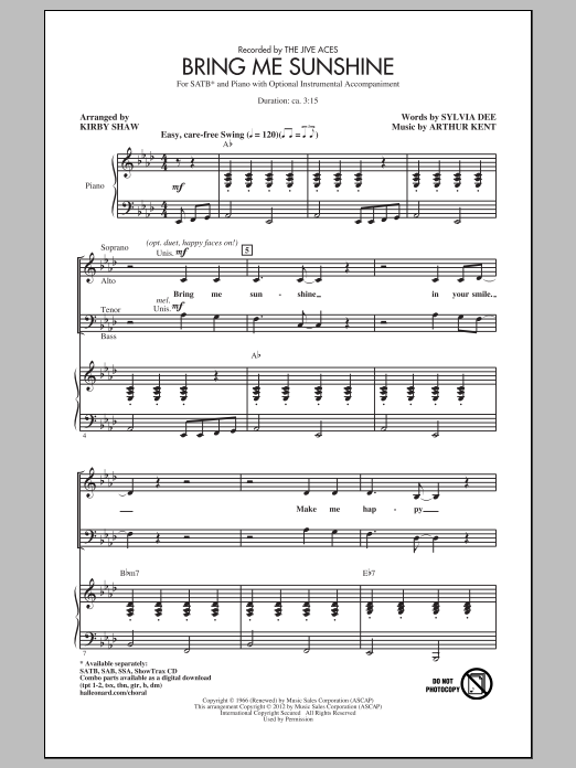 Kirby Shaw Bring Me Sunshine sheet music notes and chords arranged for SAB Choir