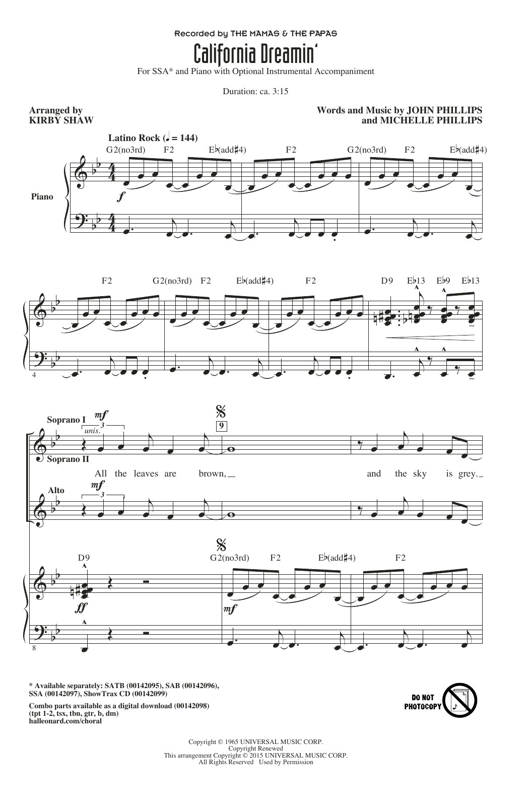 Kirby Shaw California Dreamin' sheet music notes and chords. Download Printable PDF.