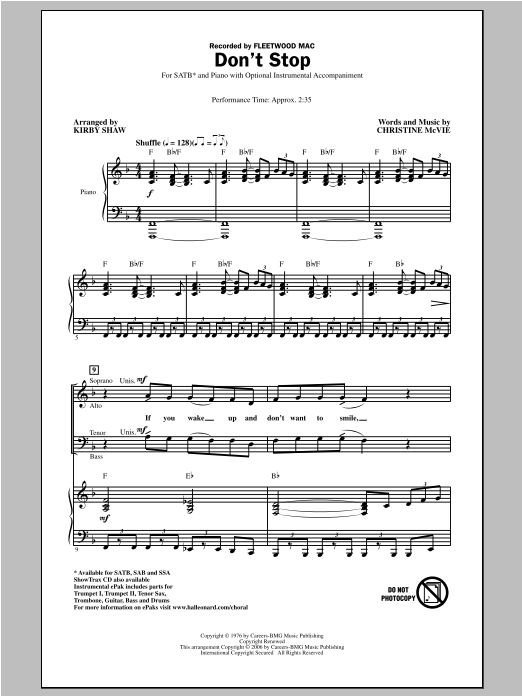 Fleetwood Mac Don't Stop (arr. Kirby Shaw) sheet music notes and chords. Download Printable PDF.