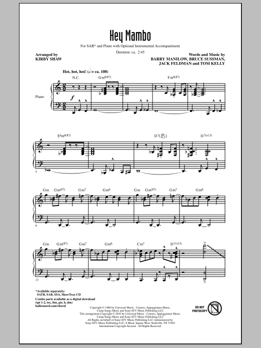 Learn to play Kirby Shaw Hey Mambo sheet music for SAB Choir in minutes. Price: 3.9900$ Kirby Shaw Hey Mambo sheet music notes and chords arranged for SAB Choir