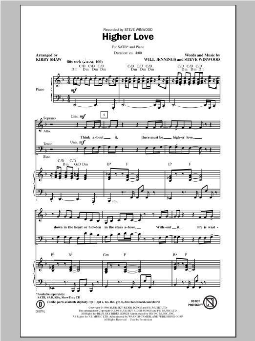 Kirby Shaw Higher Love sheet music notes and chords arranged for SATB Choir