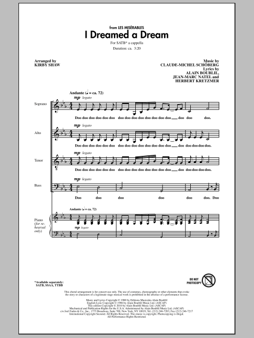 Kirby Shaw I Dreamed A Dream sheet music notes and chords. Download Printable PDF.