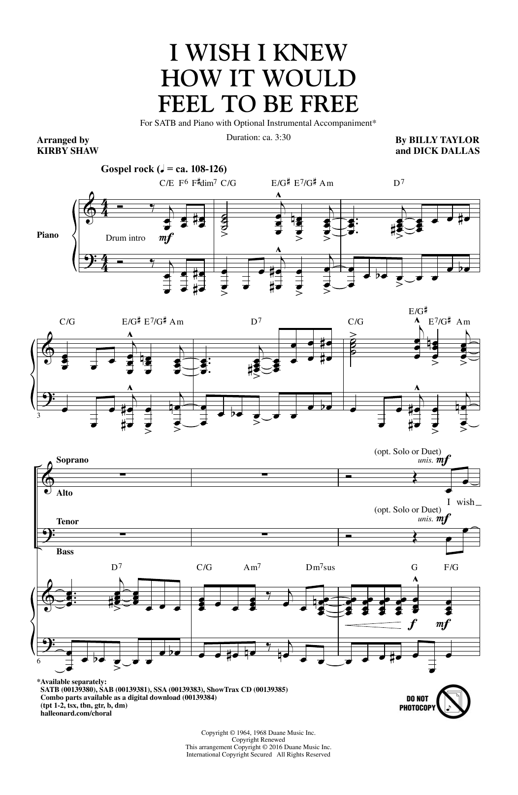 Billy Taylor I Wish I Knew How It Would Feel To Be Free (arr. Kirby Shaw) sheet music notes and chords arranged for SAB Choir