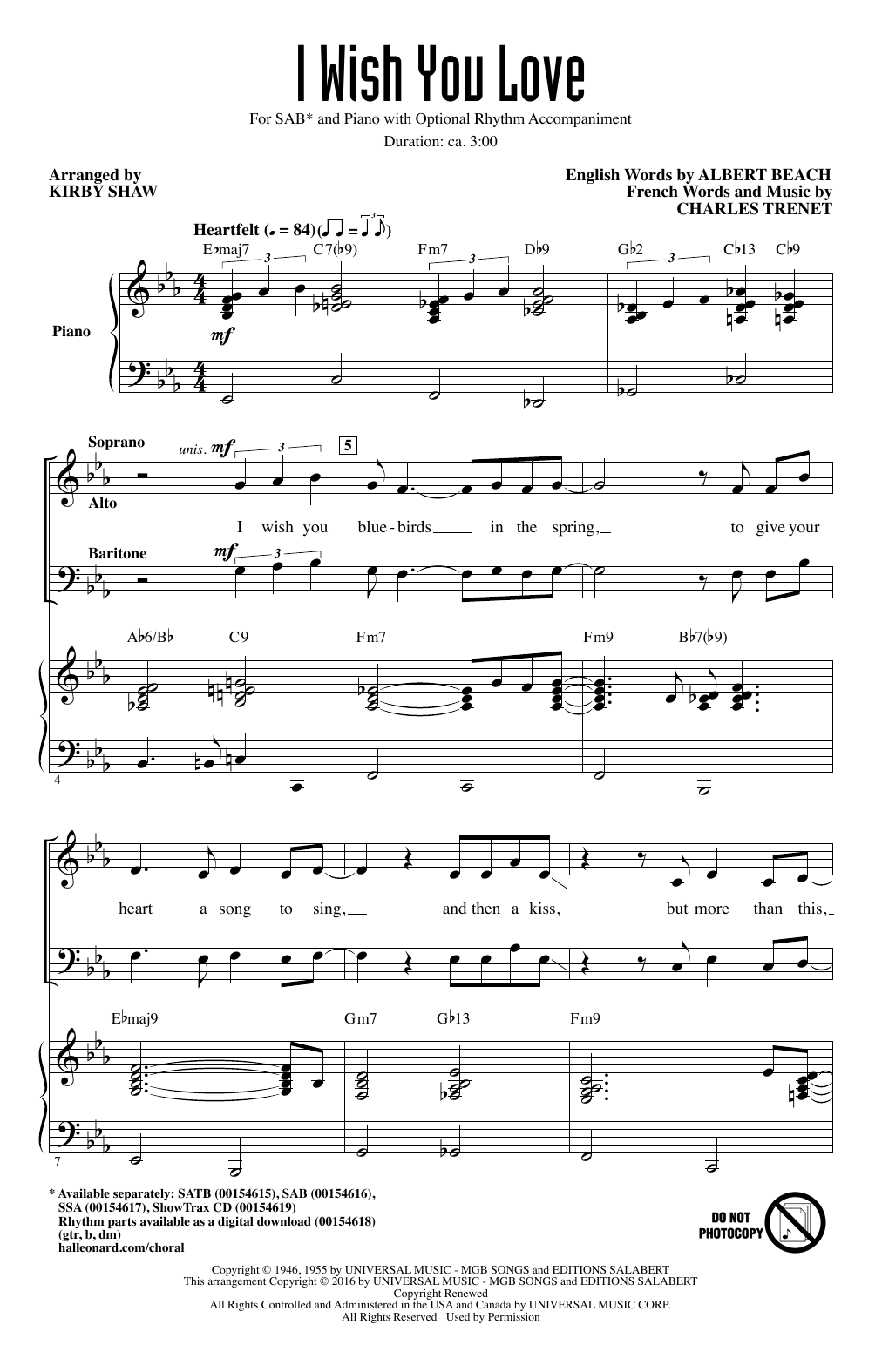 Kirby Shaw I Wish You Love sheet music notes and chords. Download Printable PDF.