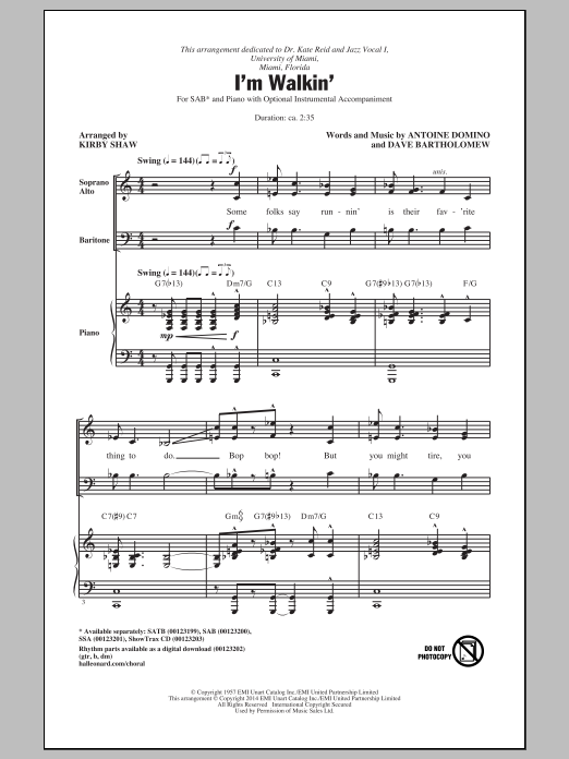 Fats Domino I'm Walkin' (arr. Kirby Shaw) sheet music notes and chords. Download Printable PDF.