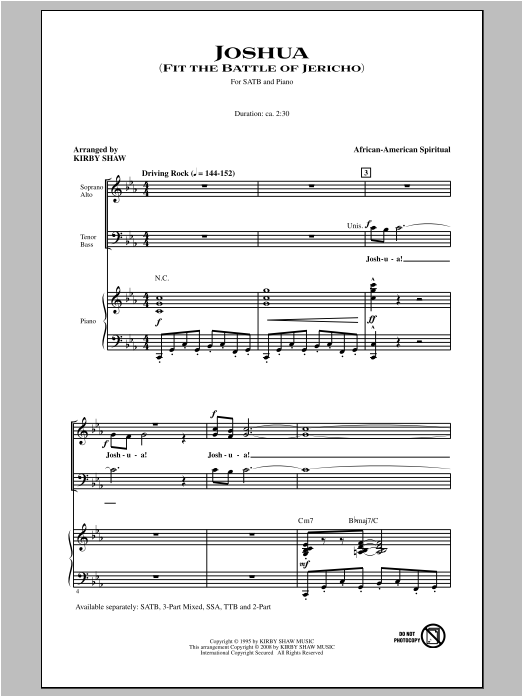 Traditional Spiritual Joshua (Fit The Battle Of Jericho) (arr. Kirby Shaw) sheet music notes and chords arranged for SATB Choir