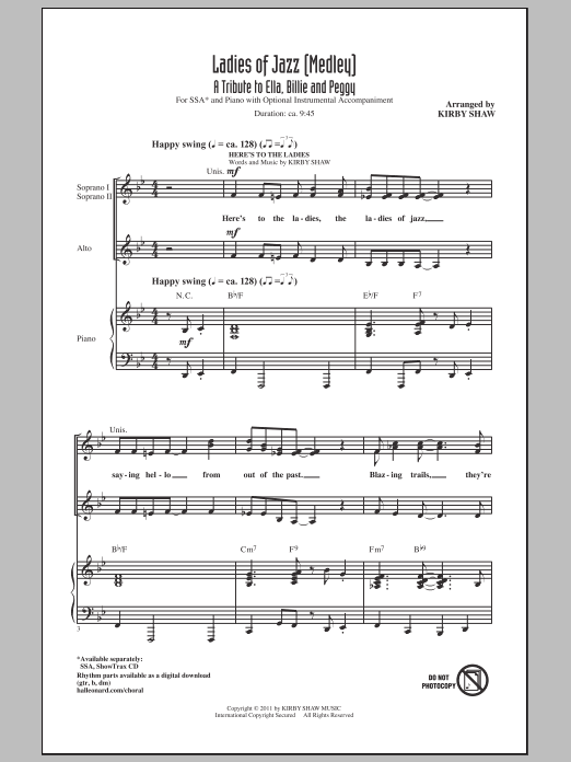 Learn to play Billie Holiday Ladies Of Jazz (Medley) (arr. Kirby Shaw) sheet music for SSA Choir in minutes. Price: 3.9900$ Billie Holiday Ladies Of Jazz (Medley) (arr. Kirby Shaw) sheet music notes and chords arranged for SSA Choir