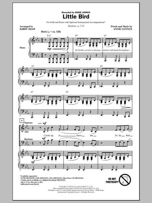 Annie Lennox Little Bird (arr. Kirby Shaw) sheet music notes and chords. Download Printable PDF.