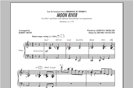 Henry Mancini Moon River (arr. Kirby Shaw) sheet music notes and chords. Download Printable PDF.