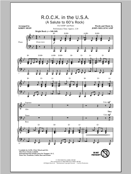 Learn to play Kirby Shaw R.O.C.K. In The U.S.A. (A Salute To 60's Rock) sheet music for SATB Choir in minutes. Price: 3.9900$ Kirby Shaw R.O.C.K. In The U.S.A. (A Salute To 60's Rock) sheet music notes and chords arranged for SATB Choir