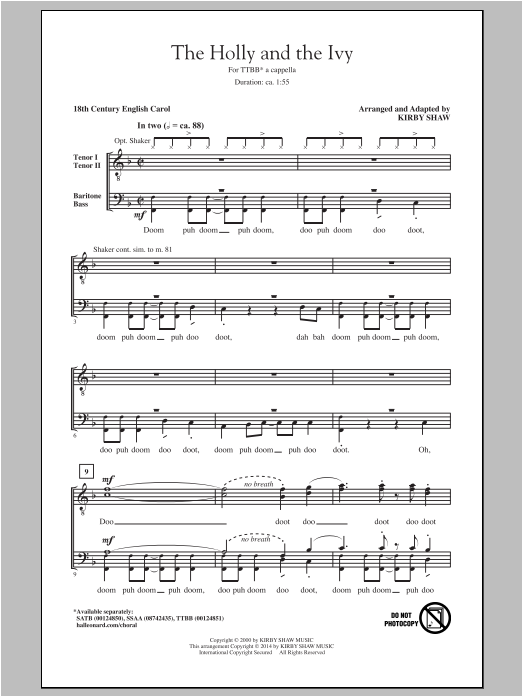 Traditional Carol The Holly And The Ivy (arr. Kirby Shaw) sheet music notes and chords. Download Printable PDF.