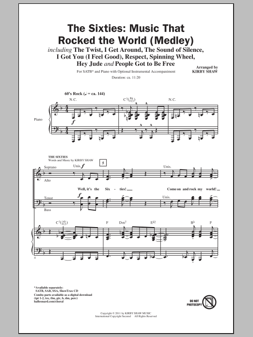 Learn to play Kirby Shaw The 60s - Music That Rocked The World (Medley) sheet music for SATB Choir in minutes. Price: 4.7900$ Kirby Shaw The 60s - Music That Rocked The World (Medley) sheet music notes and chords arranged for SATB Choir