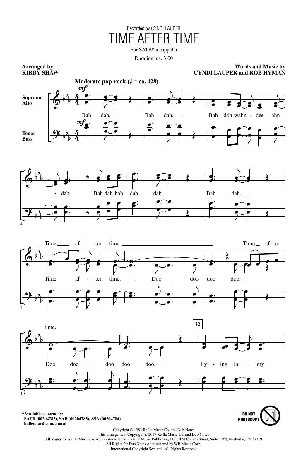 Cyndi Lauper Time After Time (arr. Kirby Shaw) sheet music notes and chords. Download Printable PDF.